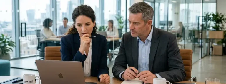 Capa do guia sobre Quanto Custa um Site Profissional com dois empresários olhando para o notebook dentro do escritório